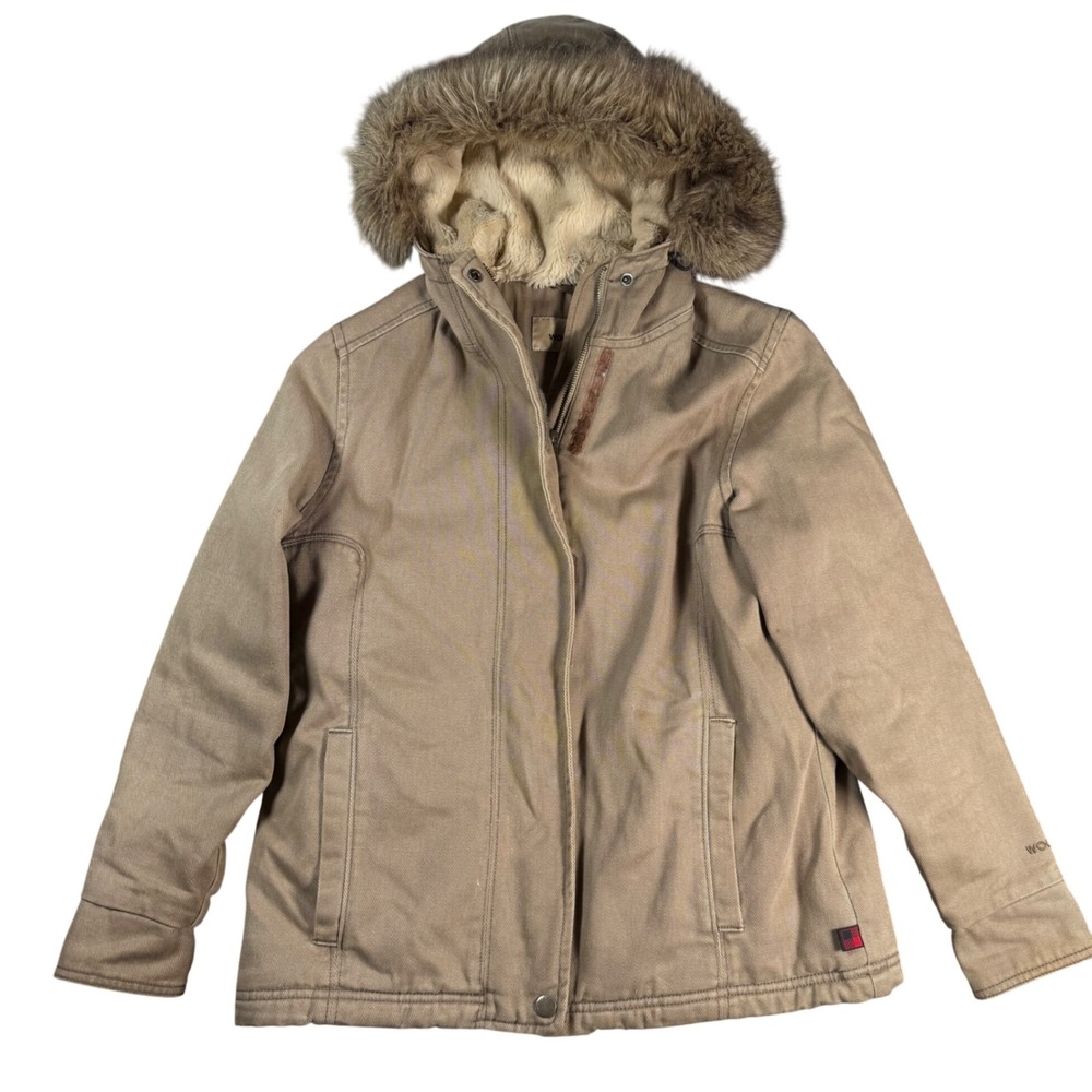 Woolrich Hooded Jacket Womens S Brown Faux Fur Fleece Lined Cotton Canvas Coat